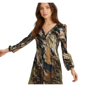 Vintage Y2K Plissé Pleated Blouse Tunic Abstract Fall Colors Split Bell Sleeve